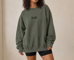 Feral Embroidered Gildan Sweatshirt Military Green Gothic Unisex Large
