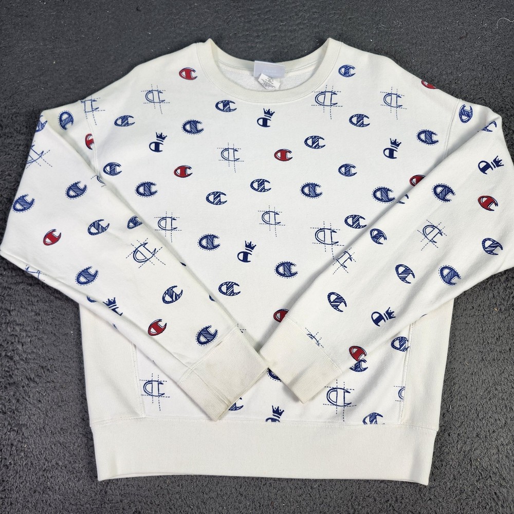Champion Reverse Weave Sweatshirt Mens Large White Allover Logo Fleece Graphic