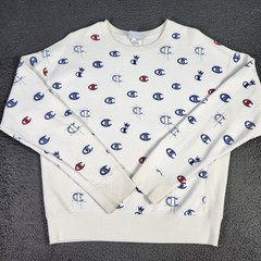 Champion Reverse Weave Sweatshirt Mens Large White Allover Logo Fleece Graphic