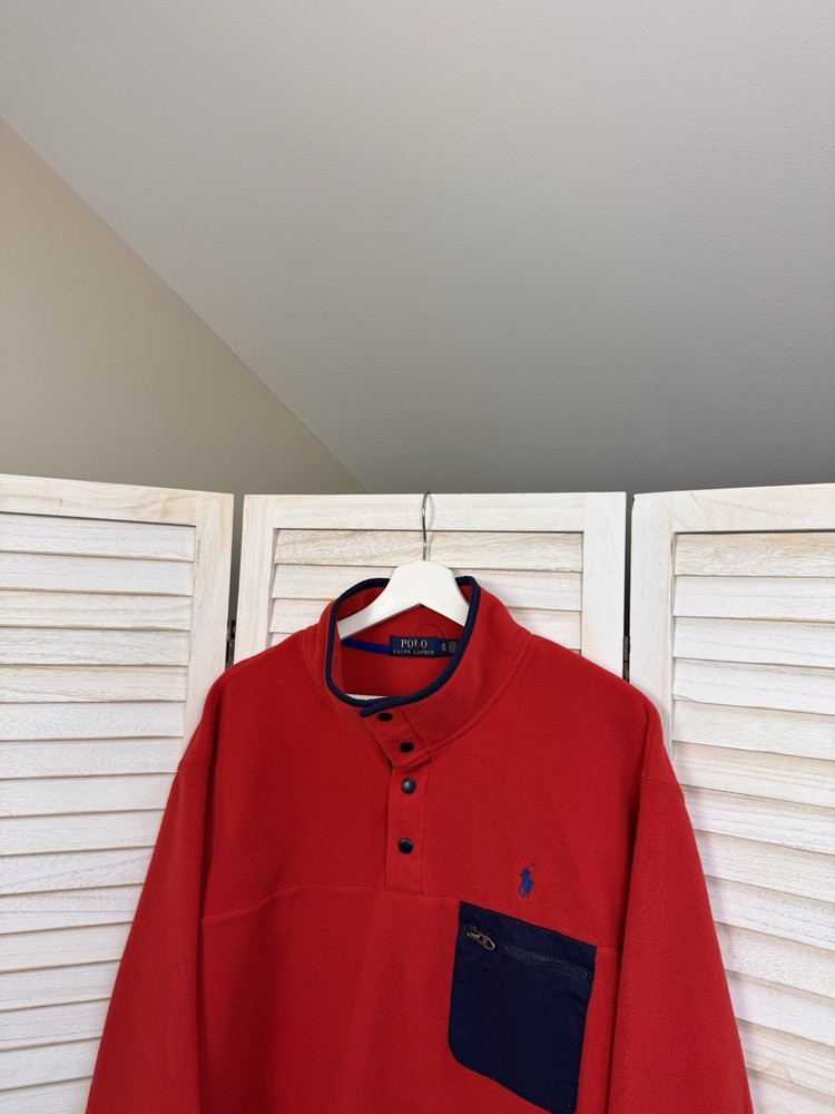 Polo Ralph Lauren L Red Navy Fleece Pullover Sweatshirt Snap Mock Neck Chest Po…