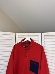 Polo Ralph Lauren L Red Navy Fleece Pullover Sweatshirt Snap Mock Neck Chest Po…