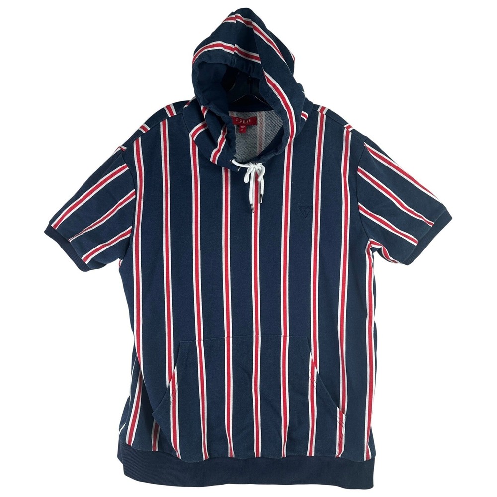 Guess Los Angeles Striped Short Sleeve Hoodie Mens XL Blue Red White Streetwear