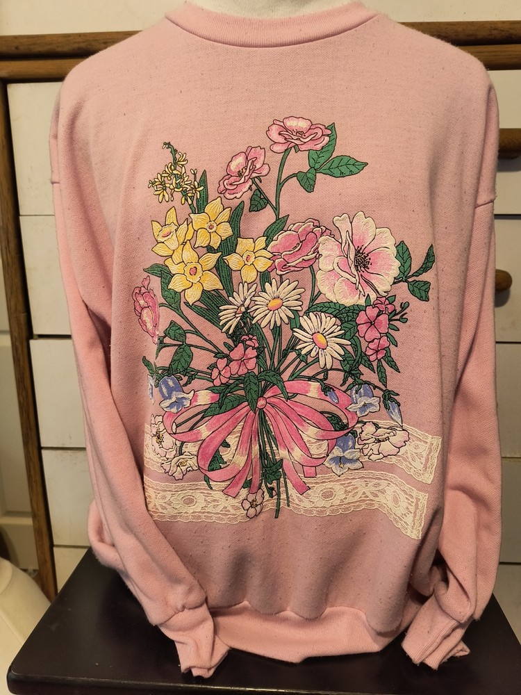 Vintage ’90s grandma crewneck sweatshirt XL flowers pink Basic Edition