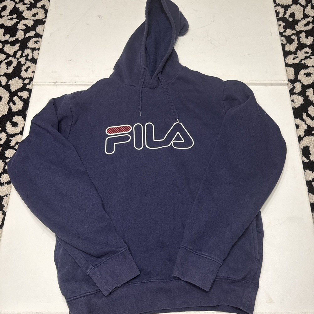 FILA HOODIE navy blue red white classic spellout logo adult Size Medium/50