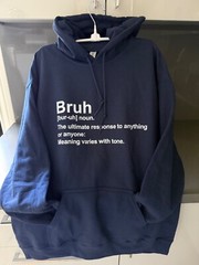 Navy Blue Fleece Pullover Hoodie Size LARGE Graphic BRUH Gildan Heavy Blend