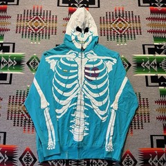 LRG Dead Serious Skeleton Hoodie Mens 2XL Blue Teal Full Zip Vtg Y2K Hip Hop C7