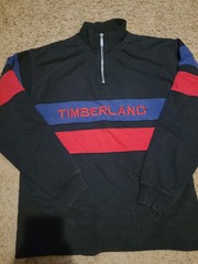 90s Vintage TIMBERLAND 1/4 Zip Spellout Striped Sweatshirt 100% Cotton Large
