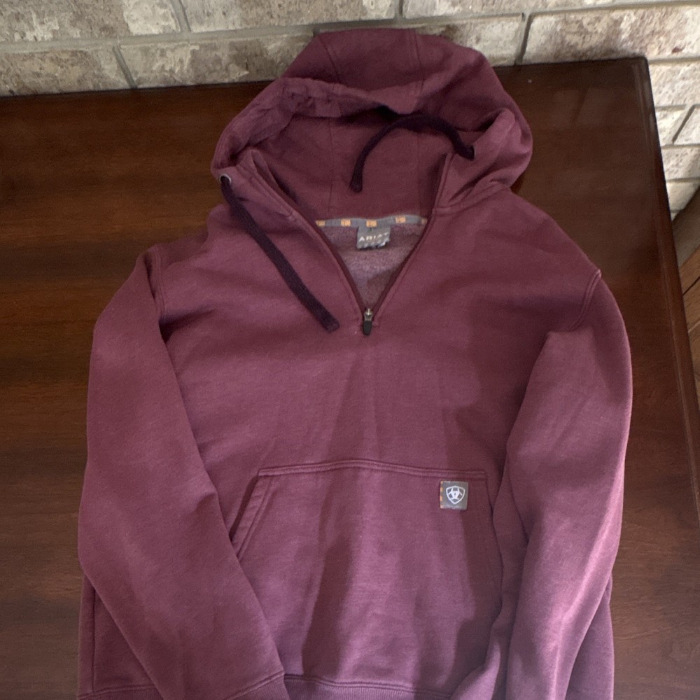 Ariat Rebar Burgundy 1/4 Zip Pullover Hoodie Fleece Pockets M Regular