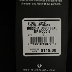 $119 NWT True Religion Zip Hoodie Men’s Large Jet Black Buddha Logo