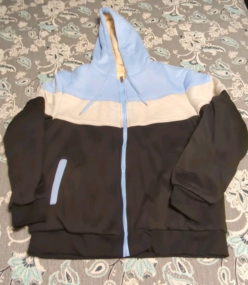 Unbranded Mens Medium Sherpa Hoodie Sweatshirt Black Blue Grey Color Block Zip