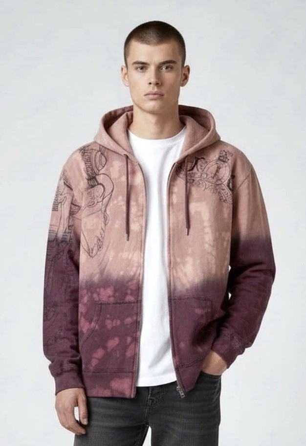 Key Closet Burgundy Full Zip Y2K Tie Dye Distressed Graphic Hoodie LG Dead Stock