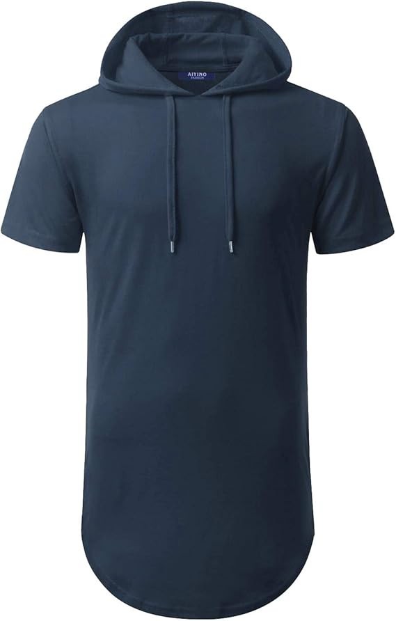 NEW Mens Short Sleeve Cotton Casual Shirt Sport Hooded Pullover Navy Blue Size L