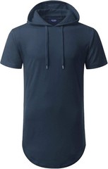 NEW Mens Short Sleeve Cotton Casual Shirt Sport Hooded Pullover Navy Blue Size L