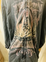 Affliction Denim Killer Distressed Full Zip Up Hoodie Front Back Reaper XL