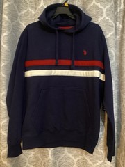 US Polo Assn Striped Navy Blue Pullover Hoodie Fleece Men’s Size S Cotton Blend