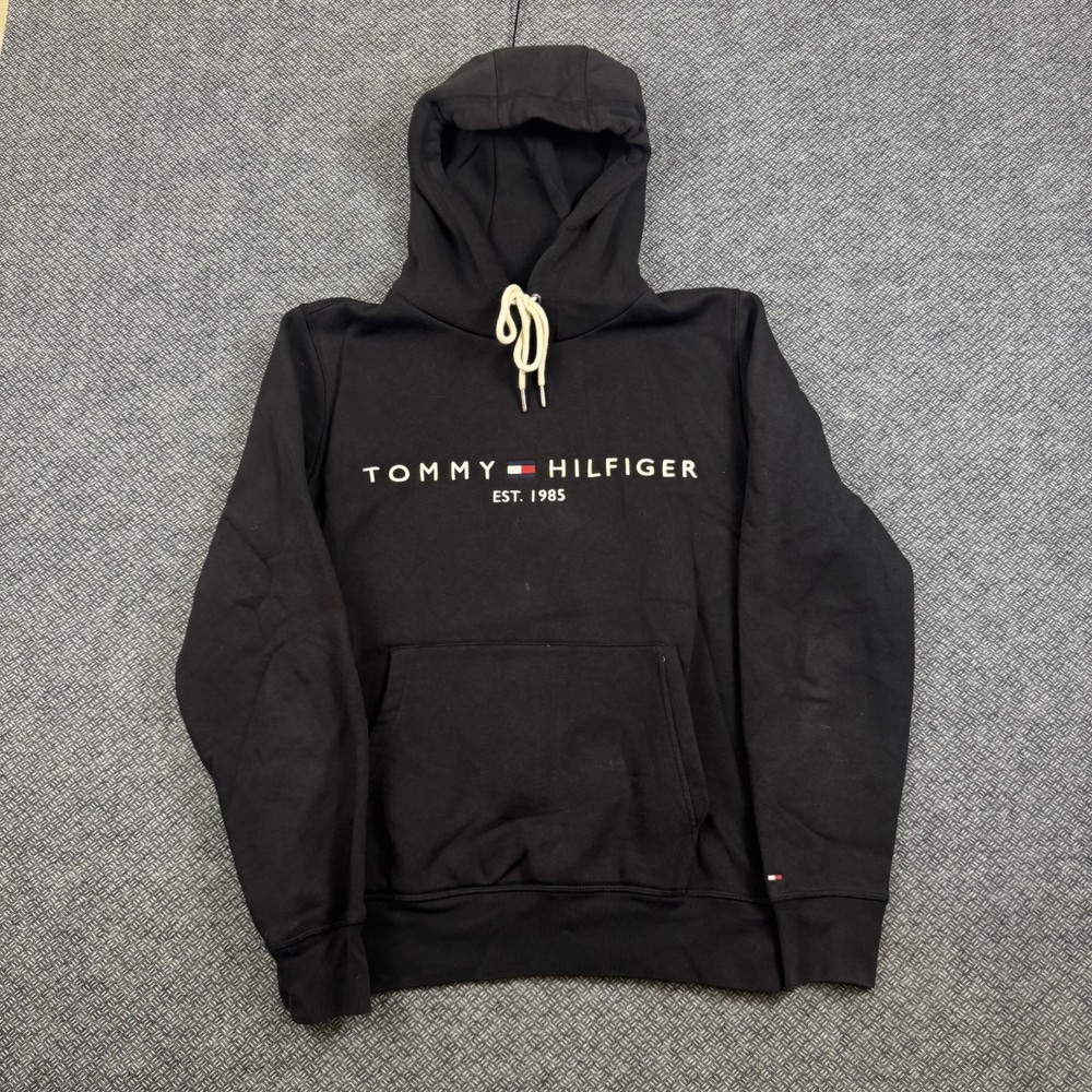 Tommy Hilfiger Hoodie Mens Medium Black Fleece Lined Kangaroo Pockets Drawstring