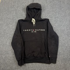 Tommy Hilfiger Hoodie Mens Medium Black Fleece Lined Kangaroo Pockets Drawstring