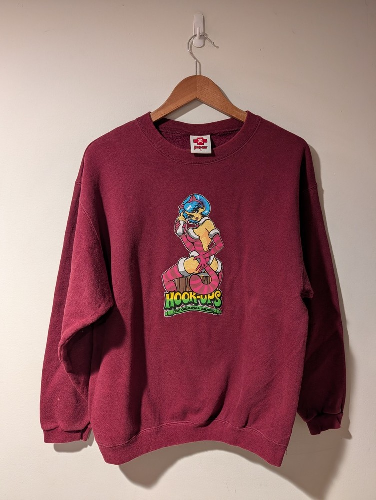 Vintage Hook-Ups Cheshire Cat Girl Alice in Wonderland Sweatshirt Maroon Mens L