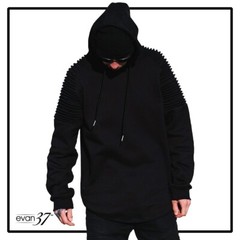 evan37 Warrior Thick Black Sweep Cut Hem Pleated Detailing Sleeves Hoodie Size L