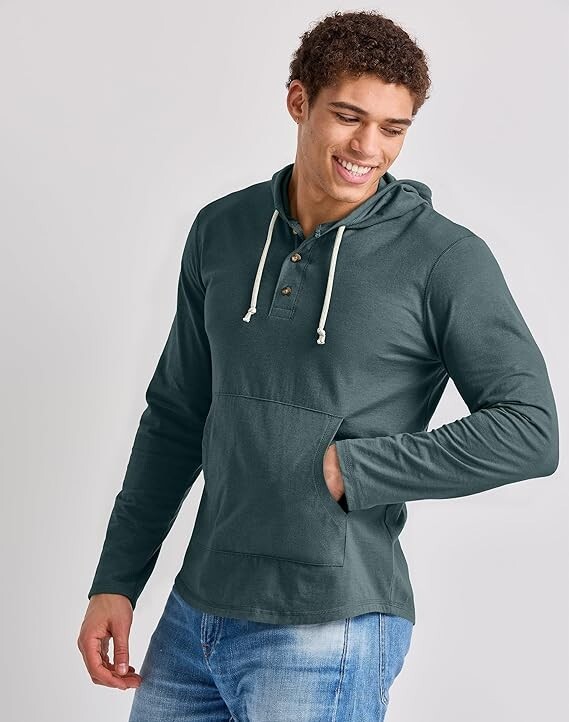 Hanes Men’s Hoodie Pullover 100% Cotton Jersey Originals Henley Cactus, Large