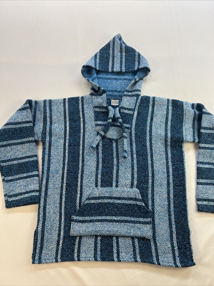 Mexican Baja Hoodie Drug Rug Blue/White/Black, Size Small, Pockets Men’s/Women’s