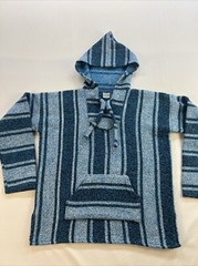 Mexican Baja Hoodie Drug Rug Blue/White/Black, Size Small, Pockets Men’s/Women’s