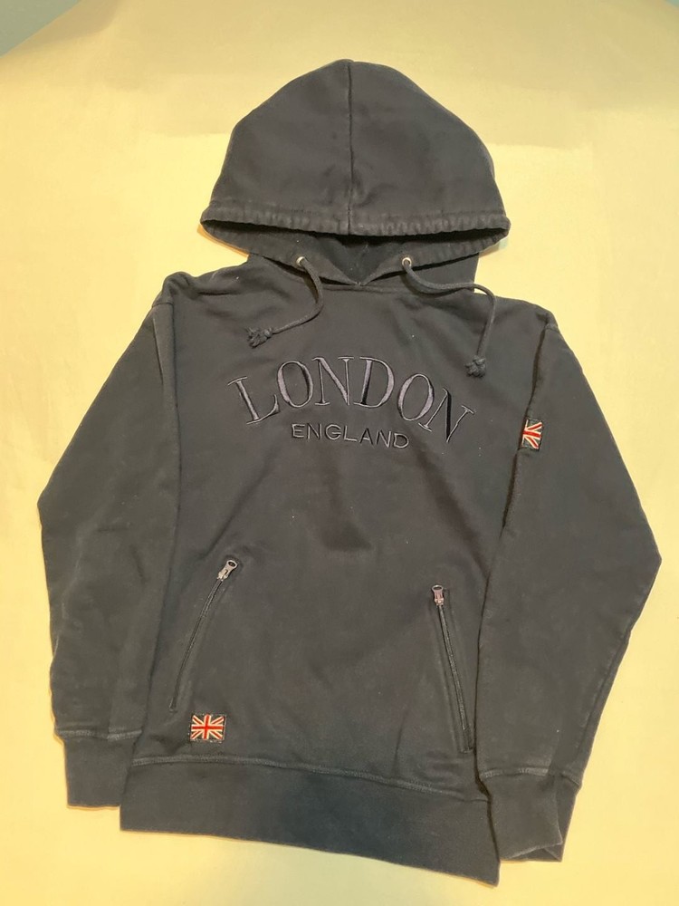 Zone One London England Embroidered Hoodie Sweatshirt Black Size Small Union Jac