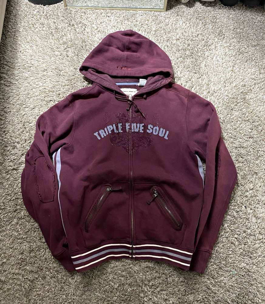 Triple Five Soul Men’s L Burgundy Full Zip Fleece Hoodie Graphic Print Pockets