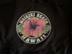 Men’s S Black Pullover Hoodie Waikiki Beach Hawaii Hibiscus Graphic Drawstring
