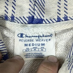 Champion Reverse Weave Hoodie Mens M Light Pink Blue Plaid Fleece Pullover Logo