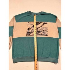 Vintage Style Train Graphic Colorblock Sweatshirt Teal Tan French Terry Large