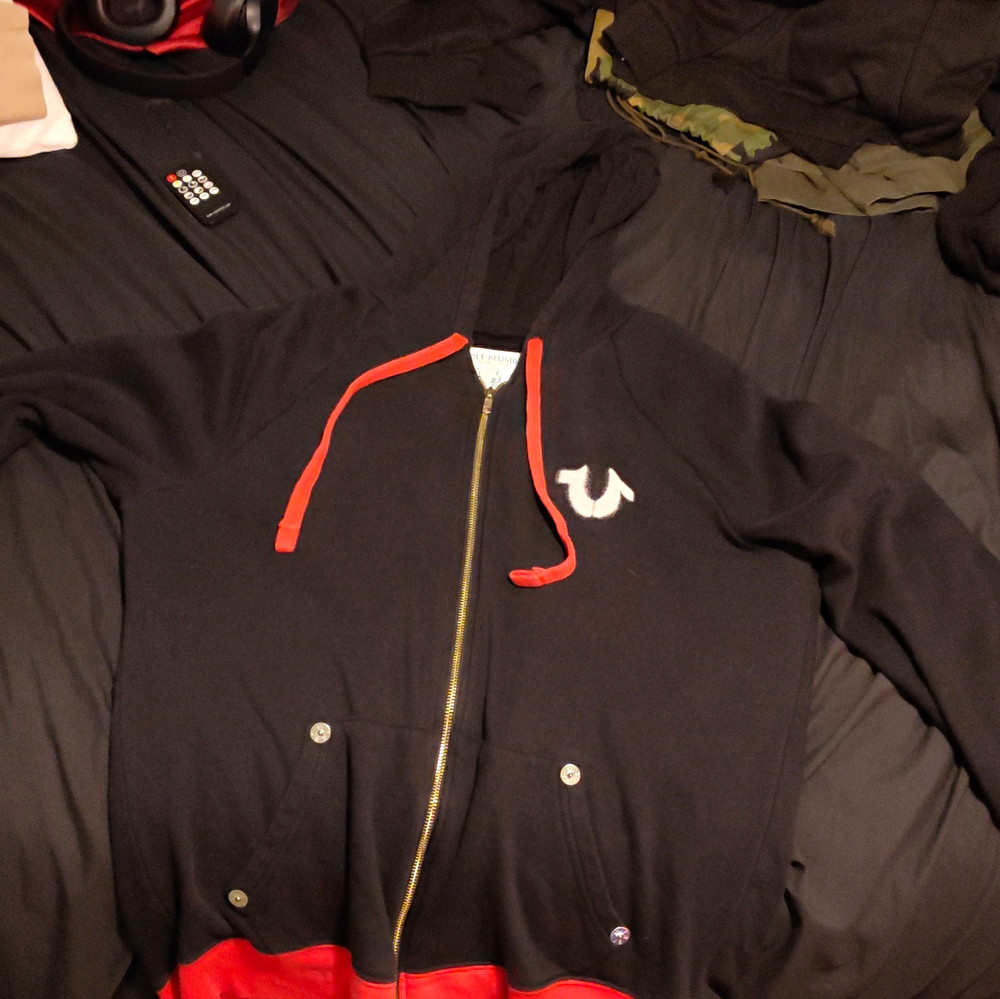 True Religion Men’s Full Zip Fleece Hoodie Black/Red Logo Graphic Print 2XL