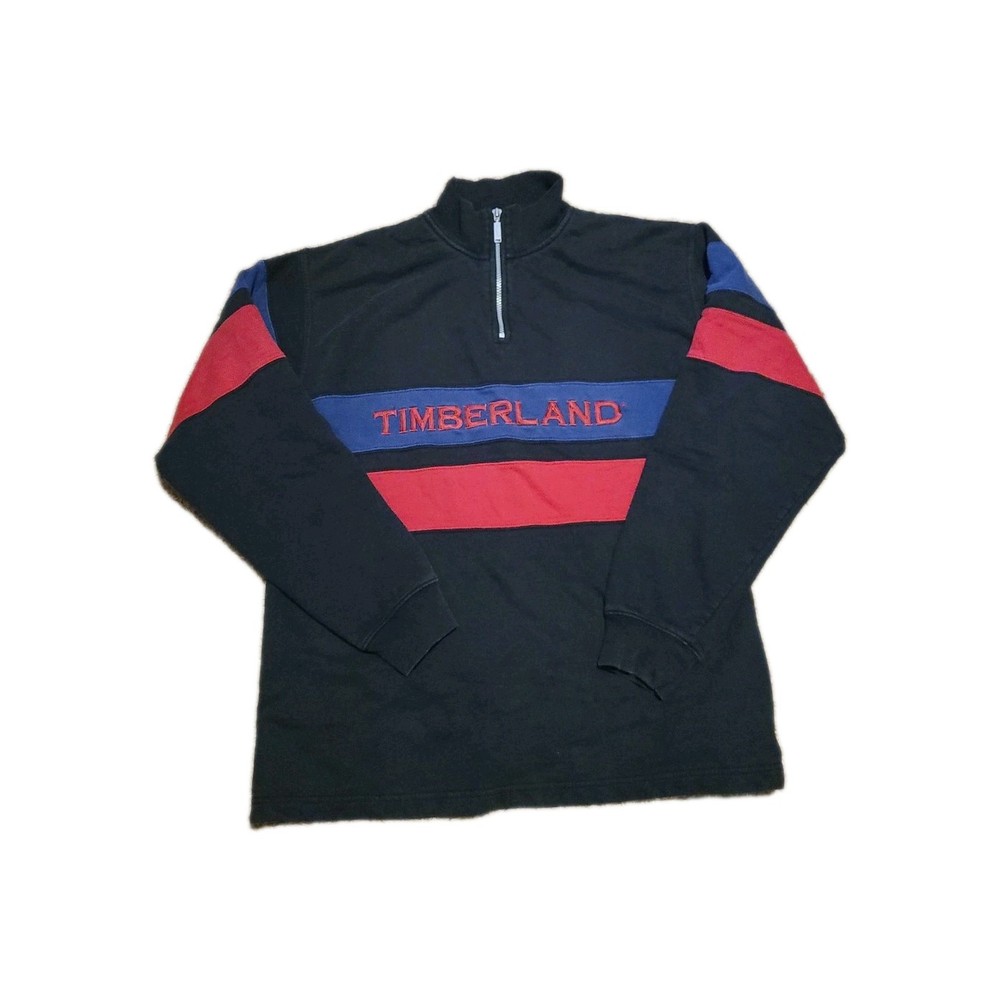 90s Vintage TIMBERLAND 1/4 Zip Spellout Striped Sweatshirt 100% Cotton Large
