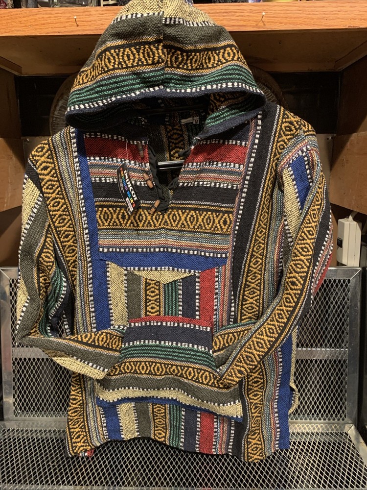 Hoodie Baja Shirt Pullover Made in India Skater Rasta Medium New Wood Buttons