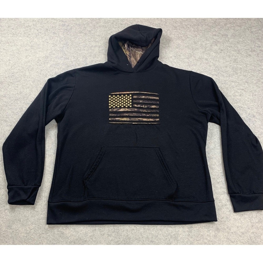 Mossy Oak Hoodie Mens Large Black Camo American Flag Fleece Pullover Sweatshirt