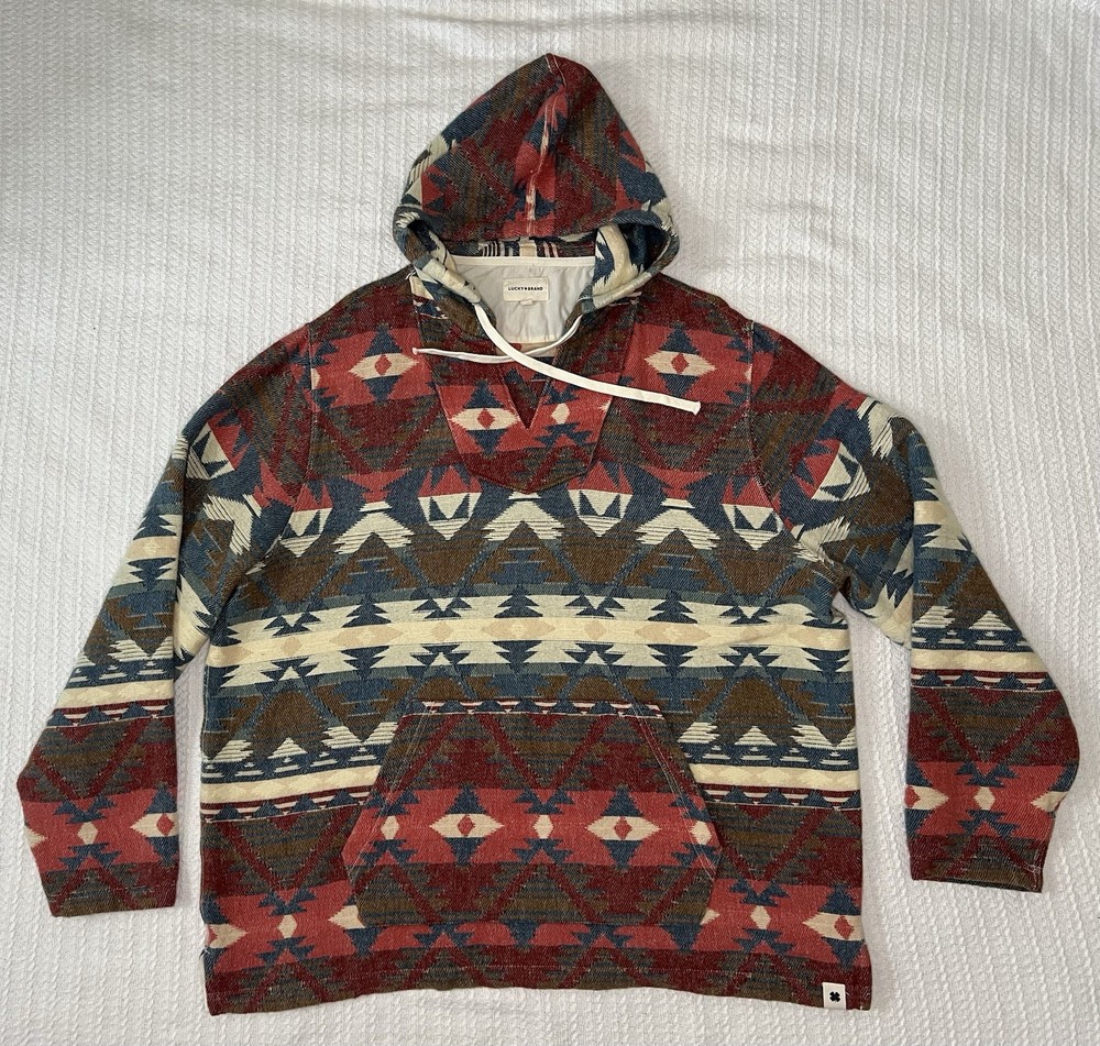 Lucky Brand Hoodie Mens Aztec Geometric Pullover XXL 27” X 30” Sweater Casual