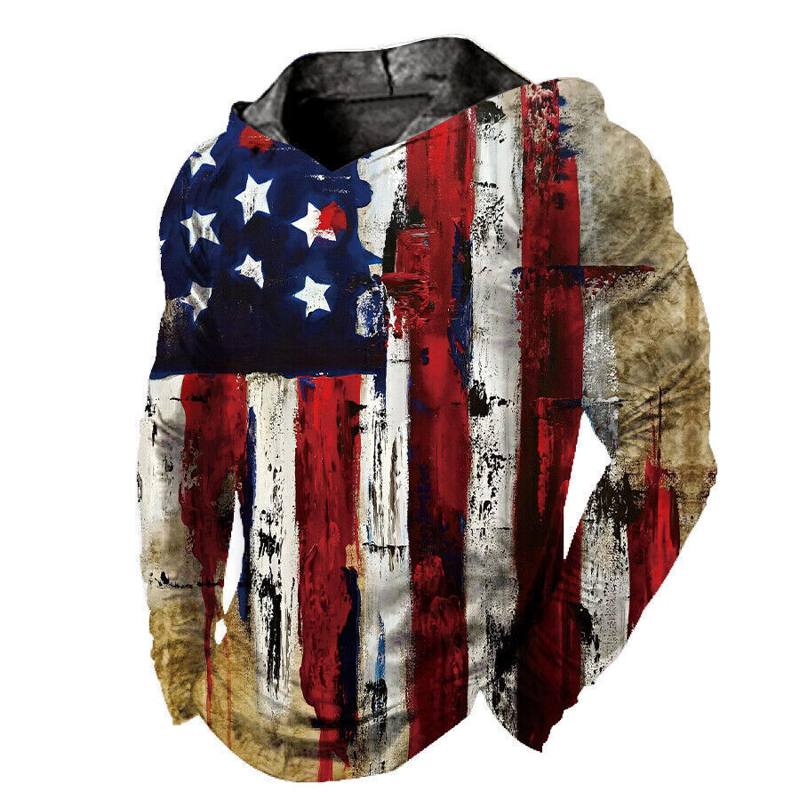Distressed Hoodie Hooded T Shirt Patriotic USA American Flag Vintage LightWeight