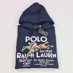 Polo Ralph Lauren Men VTG Equestrian Horse Riding Graphic Fleece Hoodie Navy