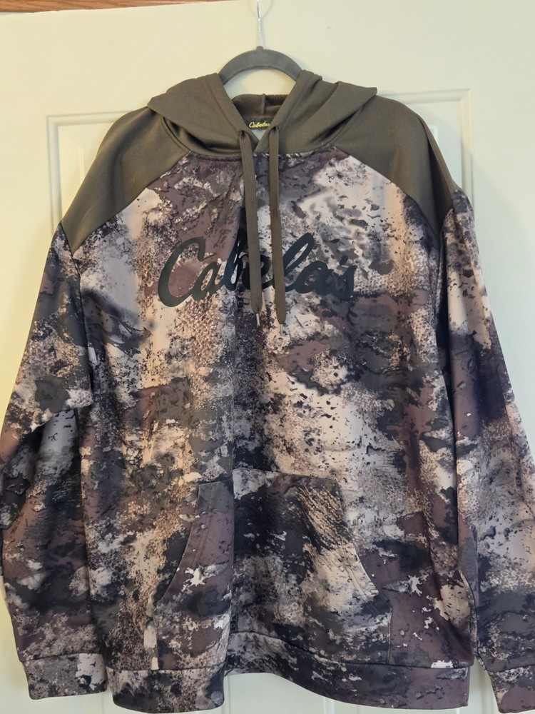 Cabela’s Fleece-lined Hoodie Men’s 2XL Camo W Green Hood Pockets Hunting Outdoor