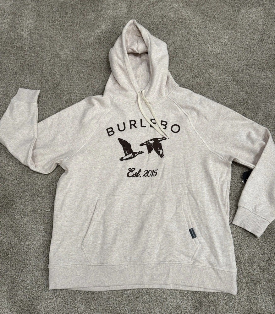 BURLEBO Men’s L Fleece Hoodie Soft Midweight Pullover Oatmeal Ducks Graphics
