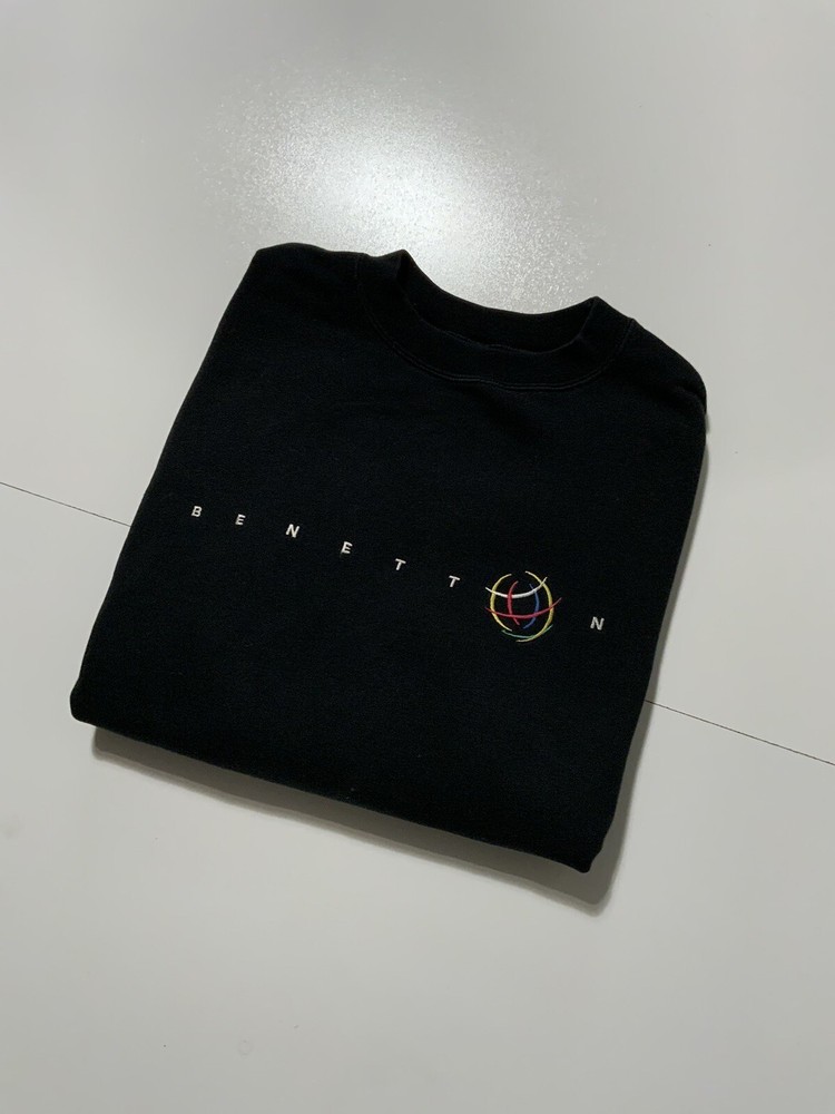 Vintage United Colors Of Benetton Script Embroidered Black Crewneck Sweatshirt L