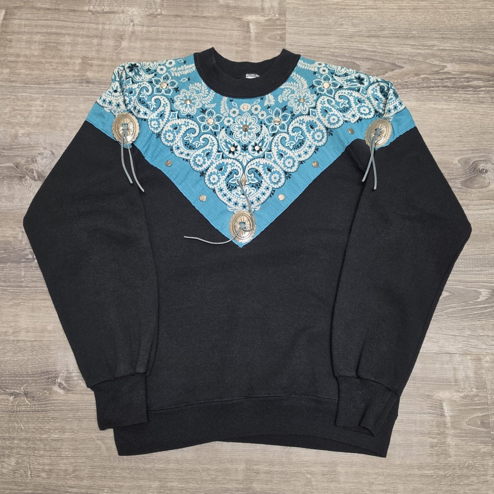 Vintage 80s Western Bandana Concho Sweatshirt Medium USA Black Turquoise Cowgirl