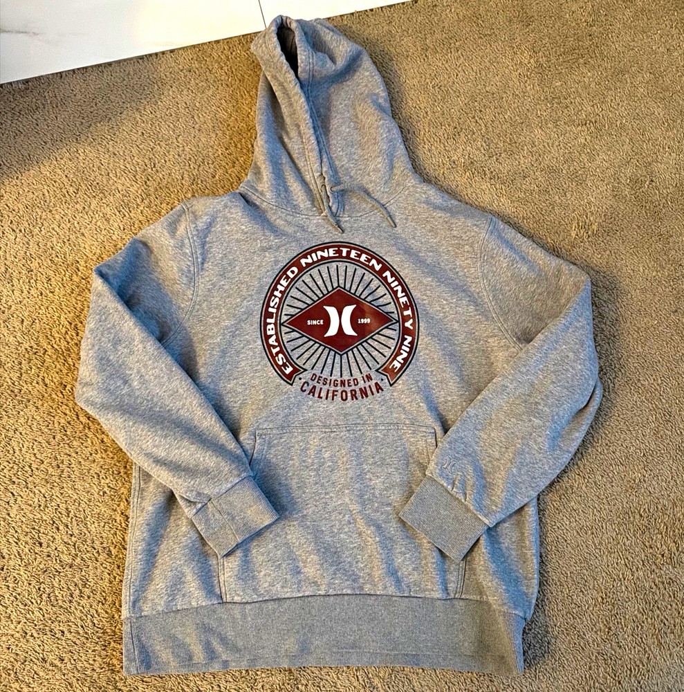 Hurley Men’s Gray Fleece Pullover Hoodie XL Graphic Logo Pockets Drawstring