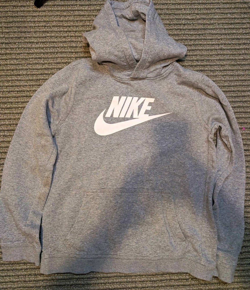 Nike Gray Solid Fleece Pullover Hoodie Youth XL Logo Swoosh Hooded Pockets
