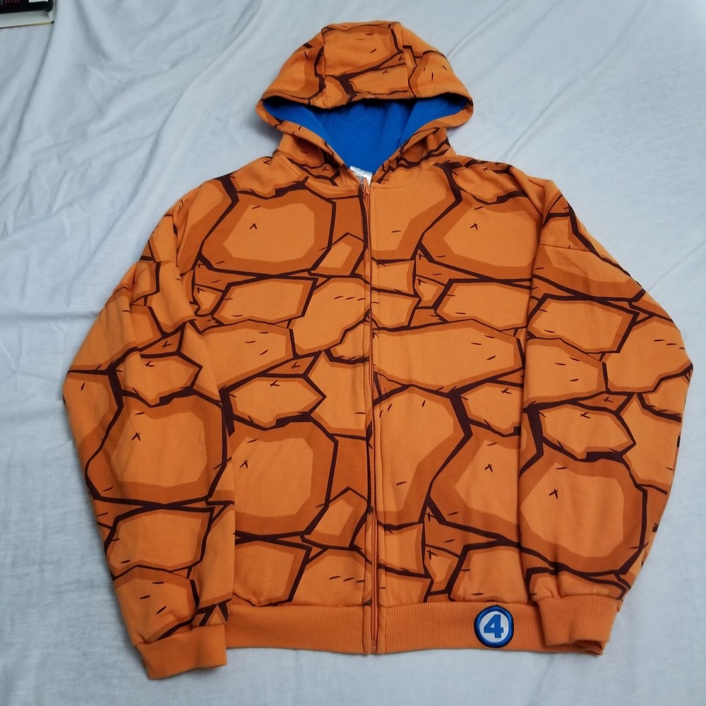 Marvel Comics The Thing Fantastic Four Hoodie Mens Large Orange Zip Rock Pattern