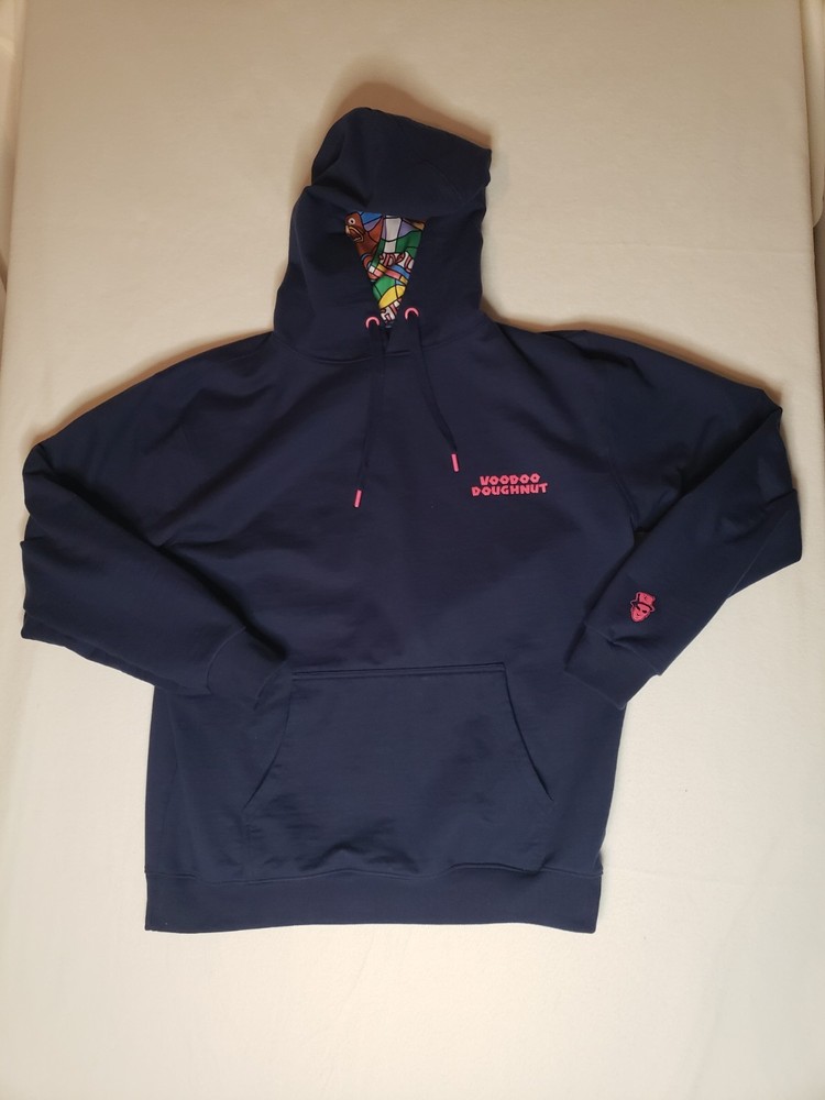 Voodoo Doughnut Men’s L Blue Graphic Logo Pullover Hoodie Pockets Drawstring