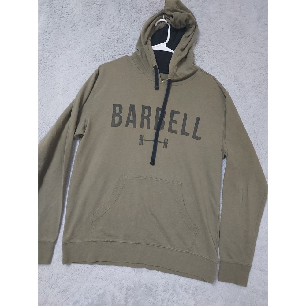 Barbell Hoodie Mens Medium Olive Green Hoodie Gym Workout Sweatshirt Drawstring