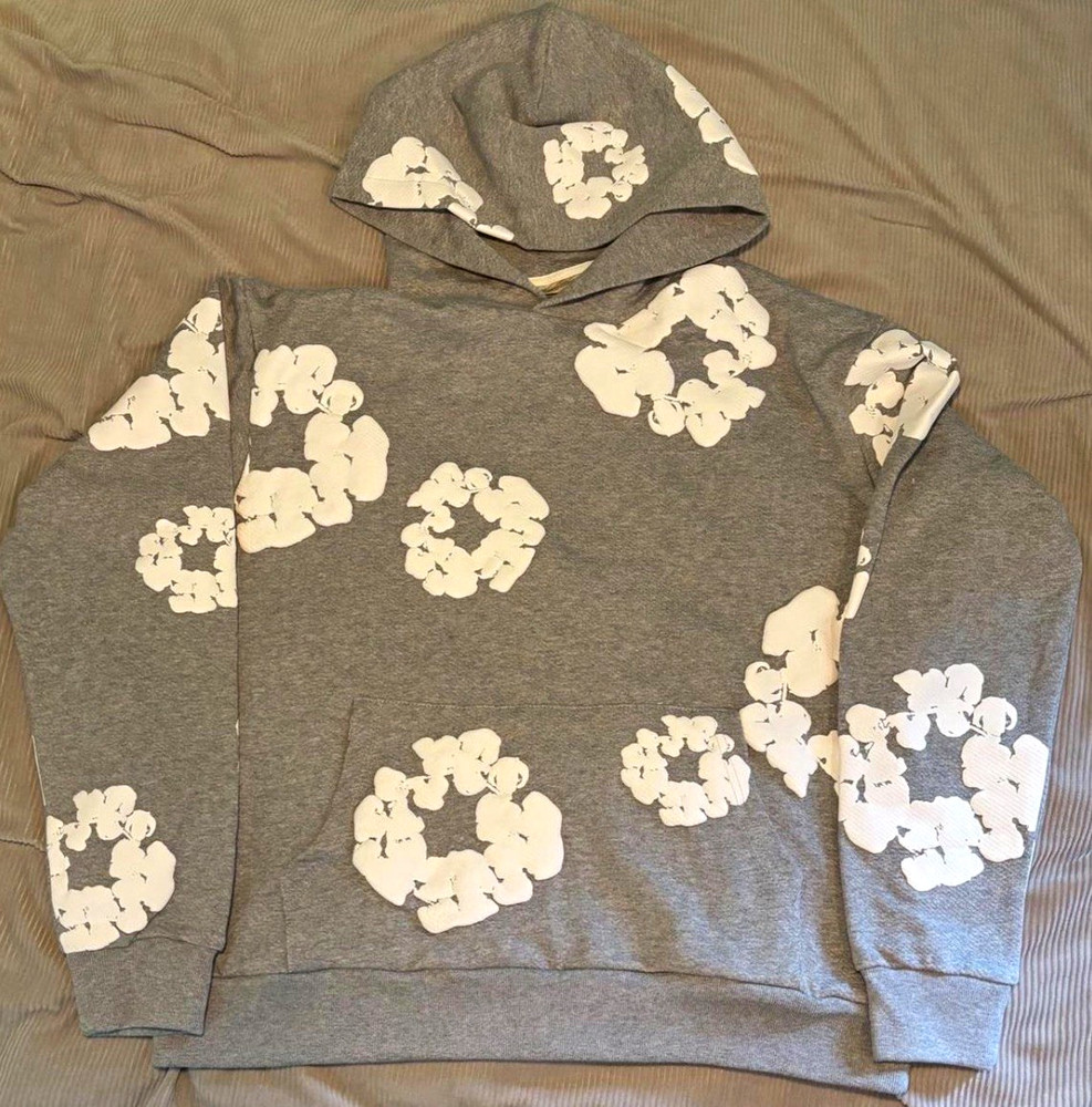 DENIM TEARS Men’s Gray Cotton Fleece Pullover Hoodie Graphic Print Size M