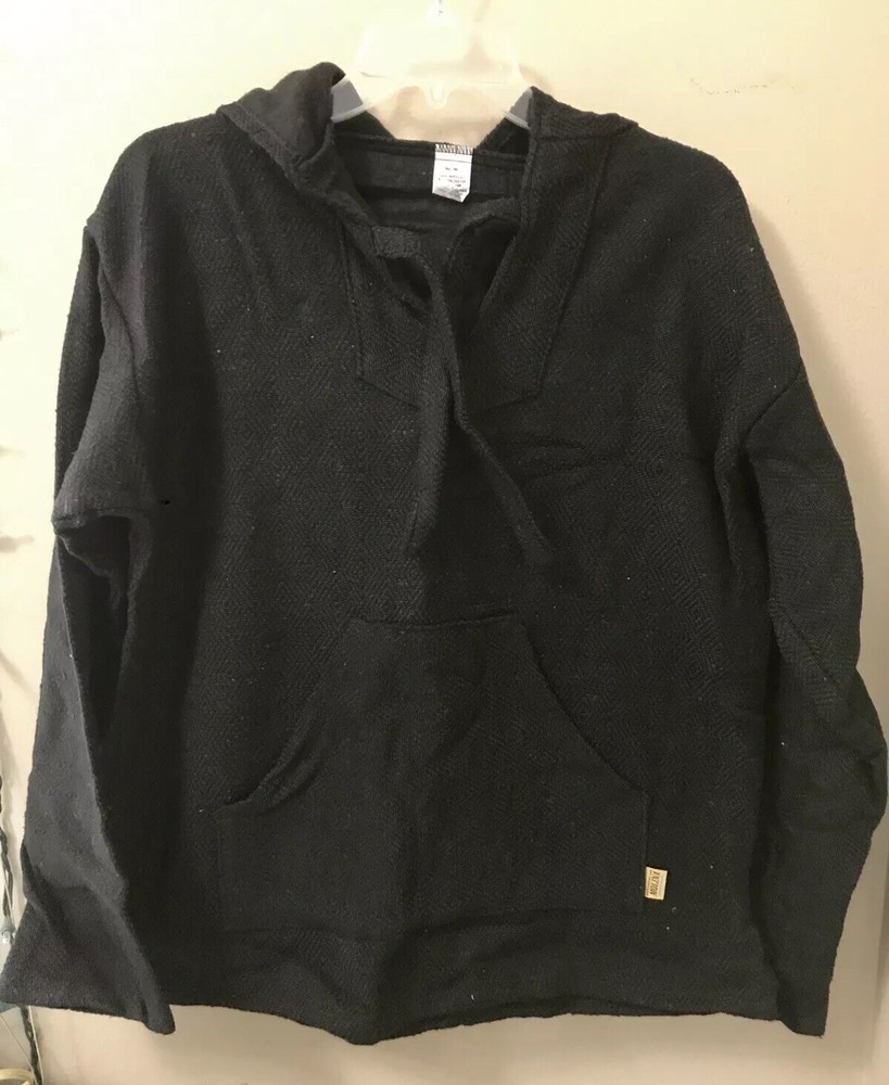 Black Solid BAJA Shirt Woven Mexican Hoodie Surfer Pullover S-M-L-XL-2XL