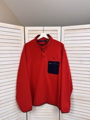 Polo Ralph Lauren L Red Navy Fleece Pullover Sweatshirt Snap Mock Neck Chest Po…